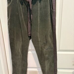 Visvim Olive Green Corduroy Drawstring Pants with Striped Trim